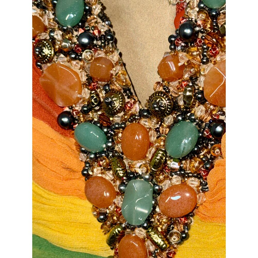 Beaded V-Neck Striped Midi Dress in Orange, Yellow & Green - Picture 5 of 15